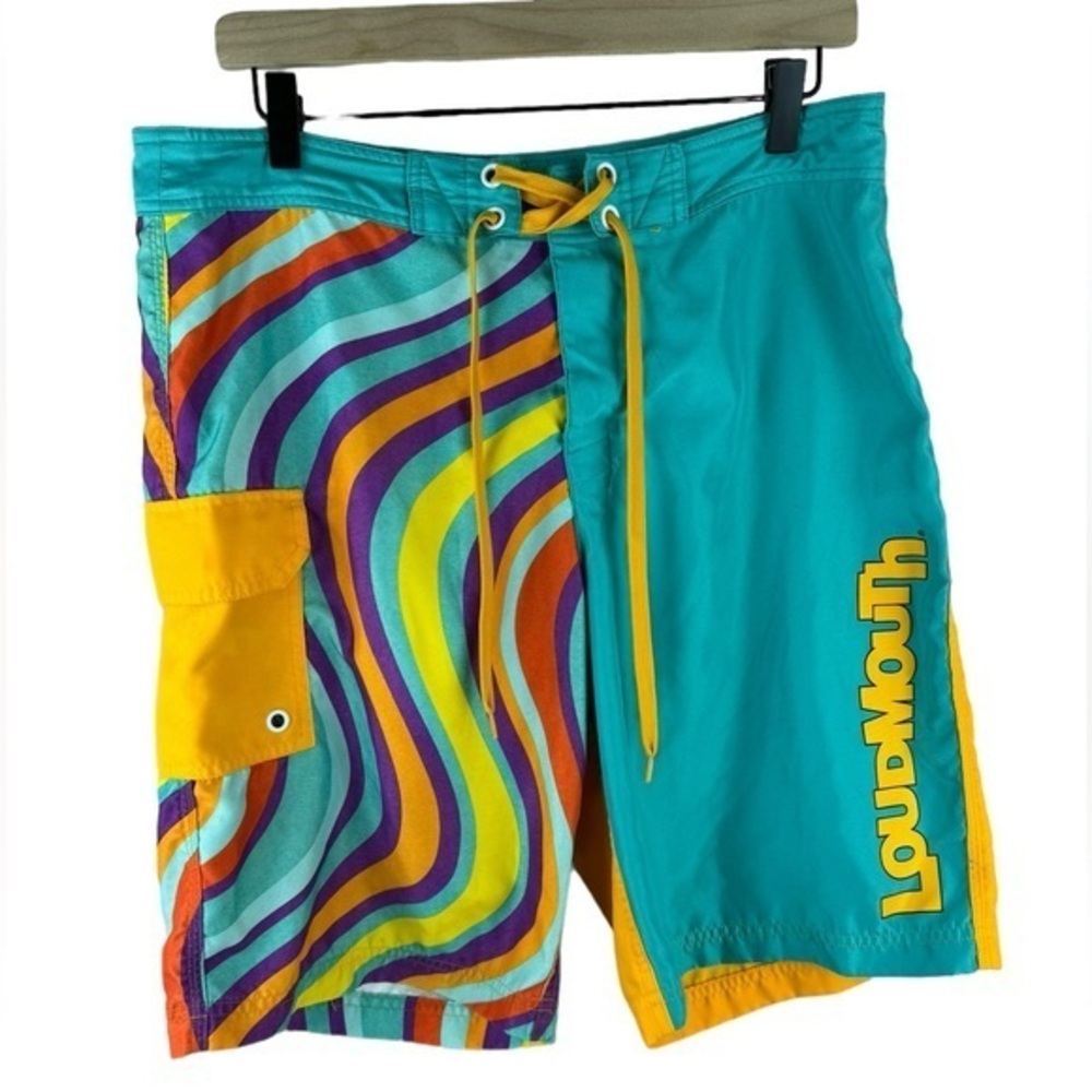 Loudmouth Wavy Multicolor Men’s bright Velcro swim trunks board shorts Size 34
